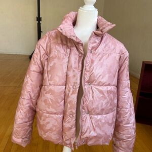 New Boohoo Reflective Abstract Camo Longline Puffer Pink Camouflage Jacket M 8 L